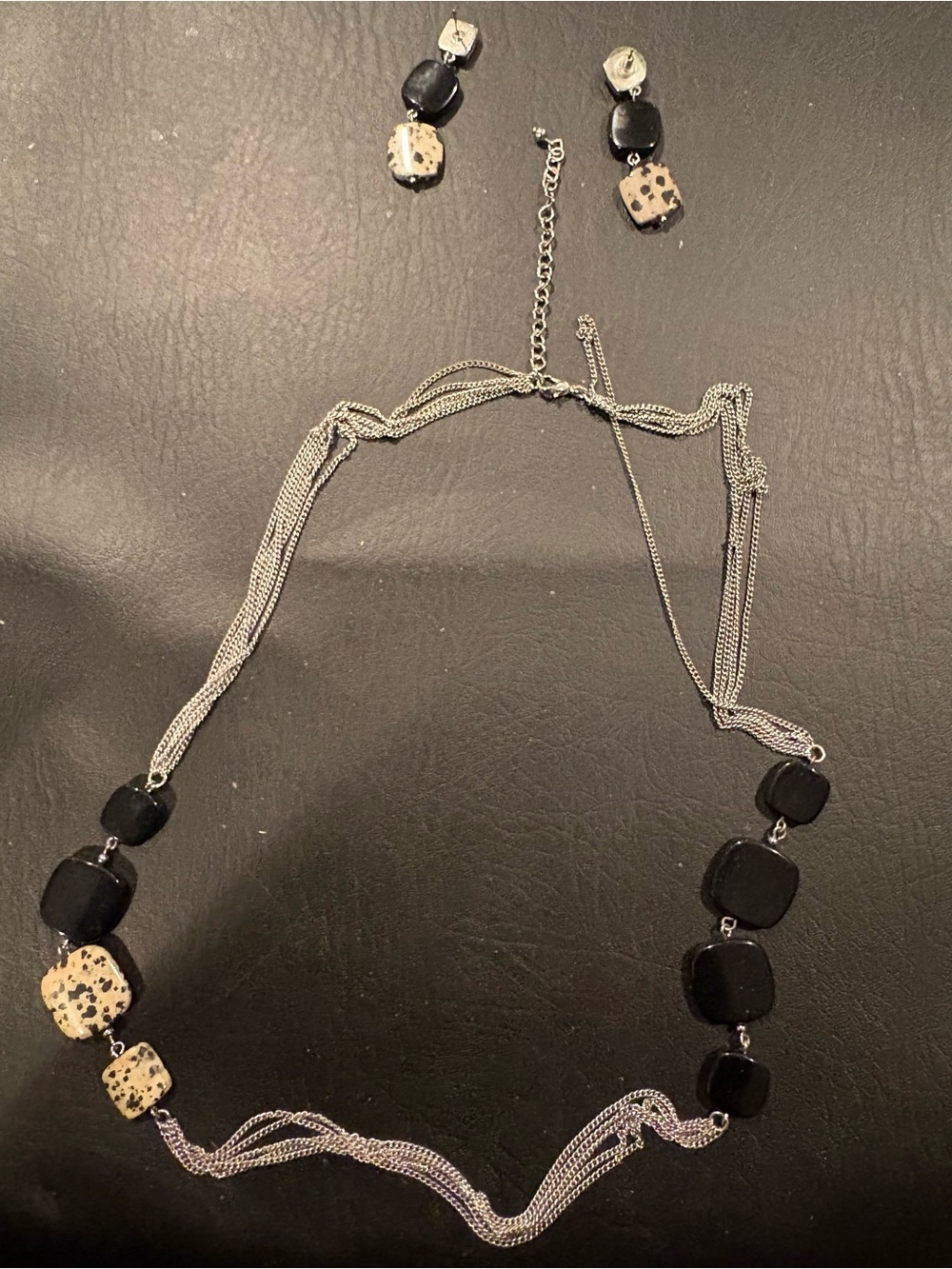 Silver Multi-Chain Necklace and Earring Set with Black and Cream Beads
